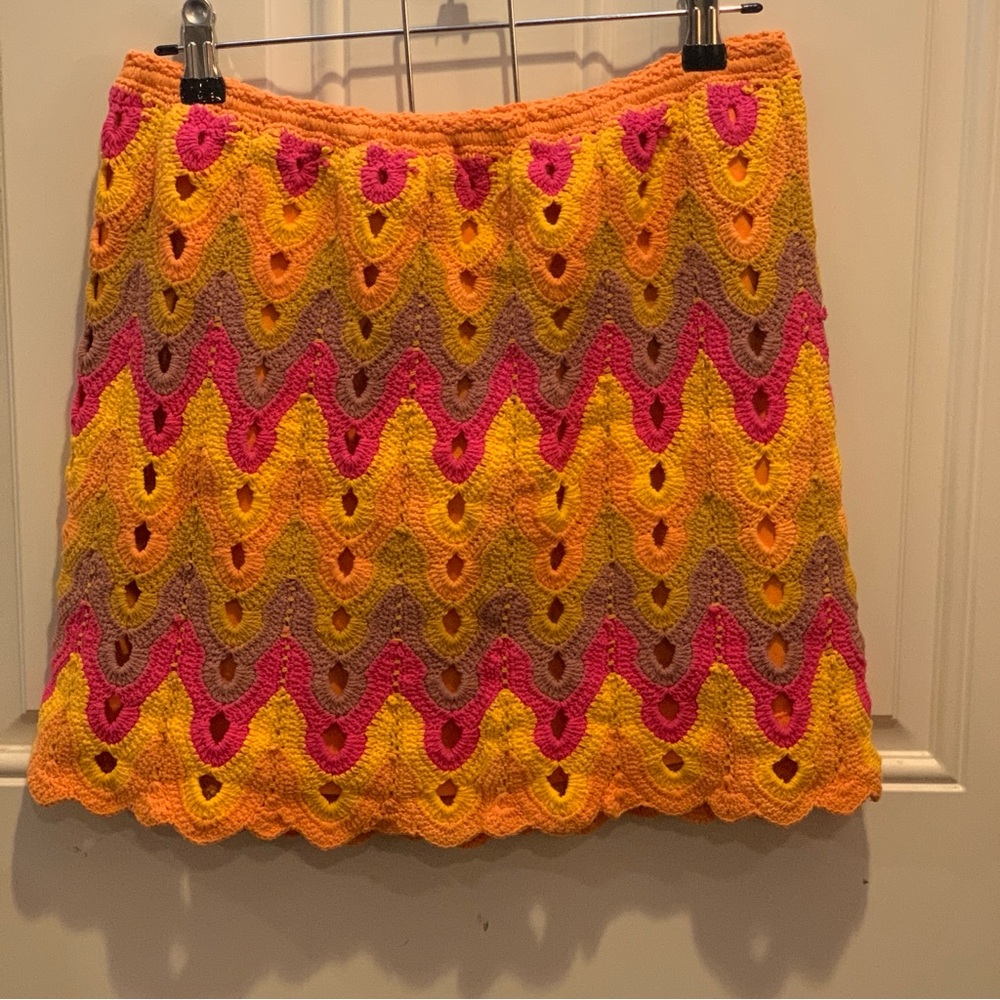 Free People Bright Colorful Knit Crochet Eyelet Pattern A-line Lined Mini Skirt